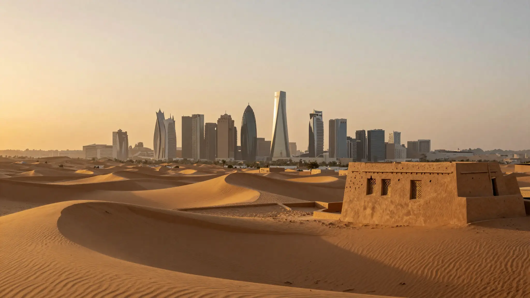 صحراء ذهبية عند الغروب تلتقي بأفق مدينة الرياض الحديث في المملكة العربية السعودية